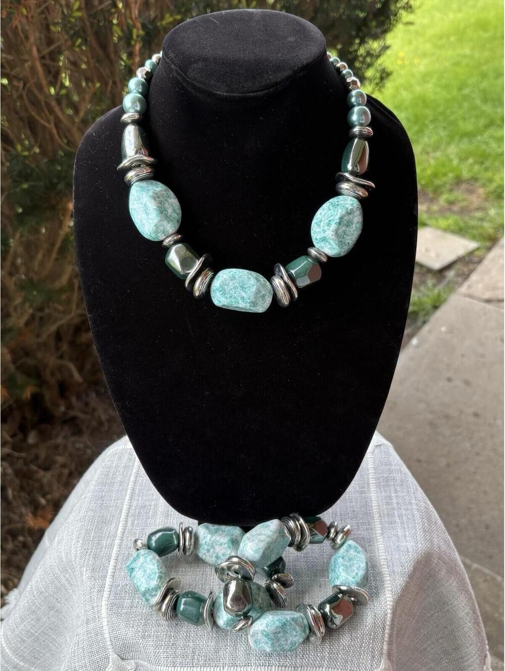 Paparazzi Blue Speckled Stone Look Beaded Necklace & Stretch Bracelet Set
